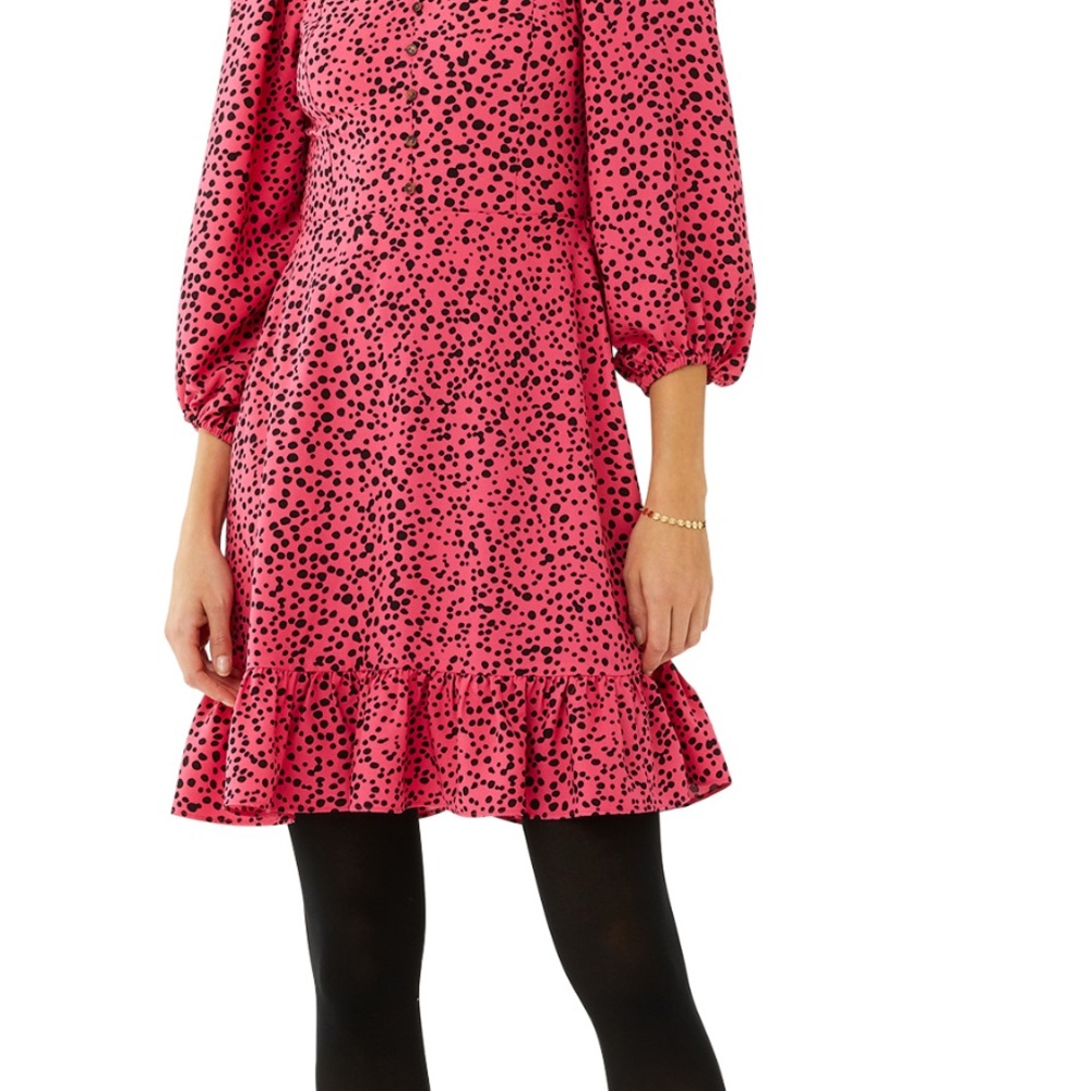 Scoop Square Neck Mini Pink and Black Long Sleeve Dress